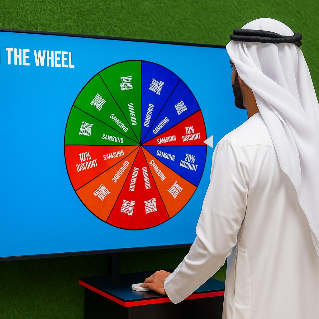 Arab male playing Spin the Wheel game at an exhibition event in Dubai, wearing traditional kandura, fully branded setup with digital screen and prize display, engaging crowd.